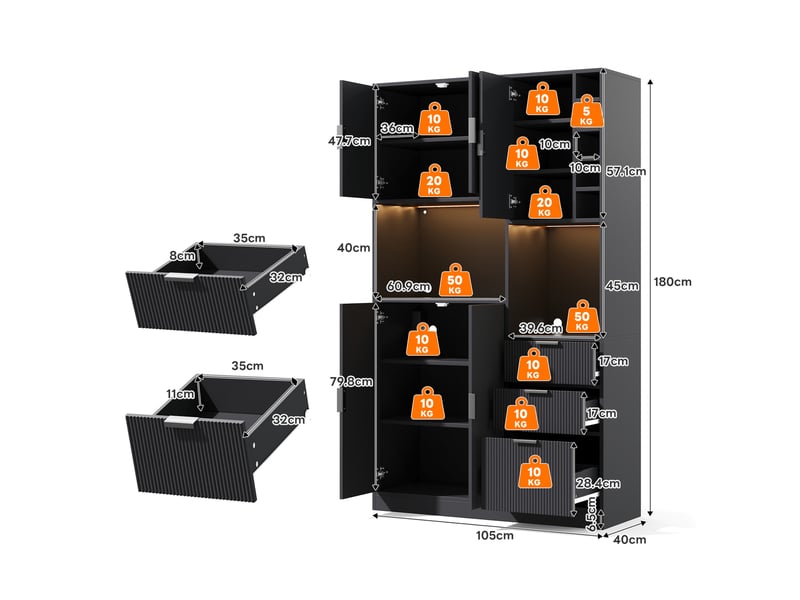  Buffet de cuisine haut avec 3 tiroirs, étagères réglables, range-bouteilles, led et prises, noir, 105 × 40 × 180 cm  - Conforama D