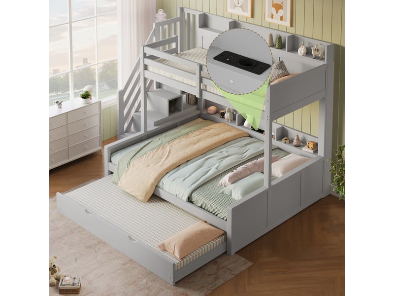 Lit superposé 90x200cm + 140x200cm - avec lit gigogne - avec échelle de rangement et port usb - mdf - gris (sans matelas) - Conforama D
