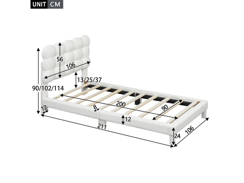 Lit simple rembourré 90x200cm - tête de lit réglable - peluche+mdf - blanc  - Conforama C