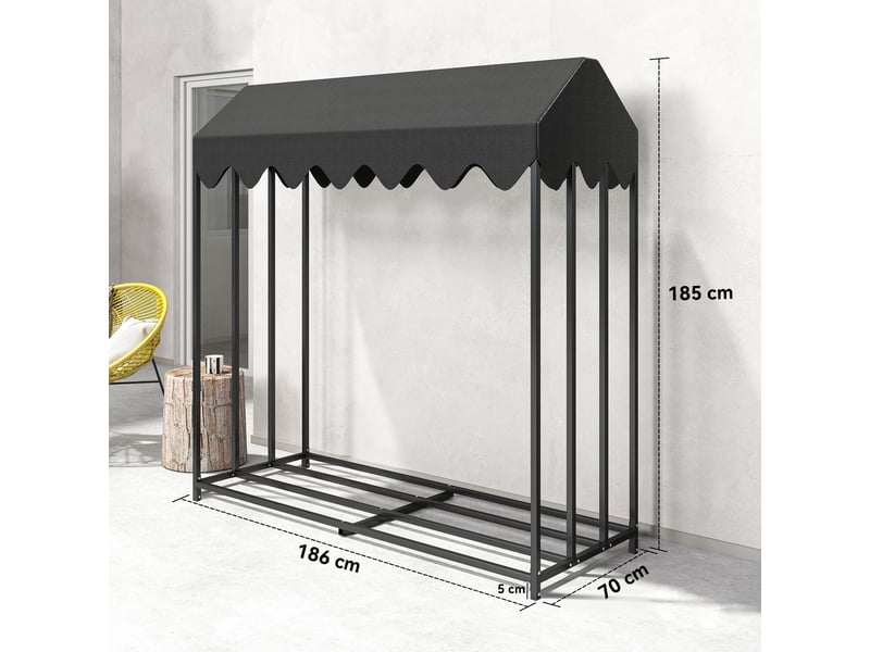 Porte-bûches extérieur avec toit imperméable, acier noir, capacité 300 kg, 186 x 70 x 185 cm  - Conforama E