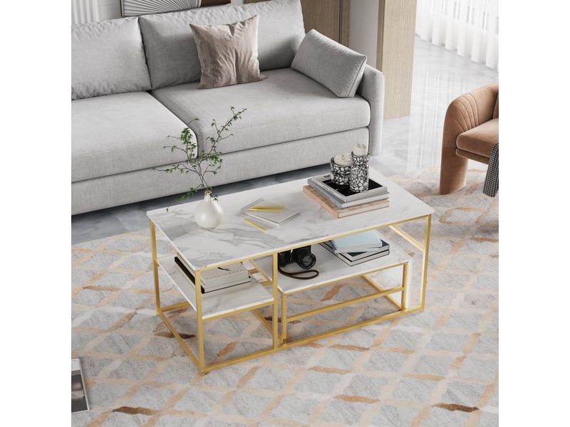  Tables basses – set de 2 tables basses gigognes – plateau marbre blanc – stable et durable –  cadre métal doré –  105+52 cm  - Conforama E