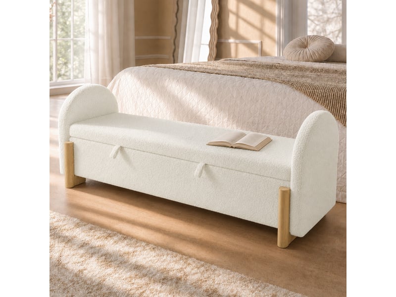  Banc coffre 186 cm avec rangement hydraulique, banquette de lit en bouclé chenille, coffre de rangement avec fermeture douce - beige  - Conforama B