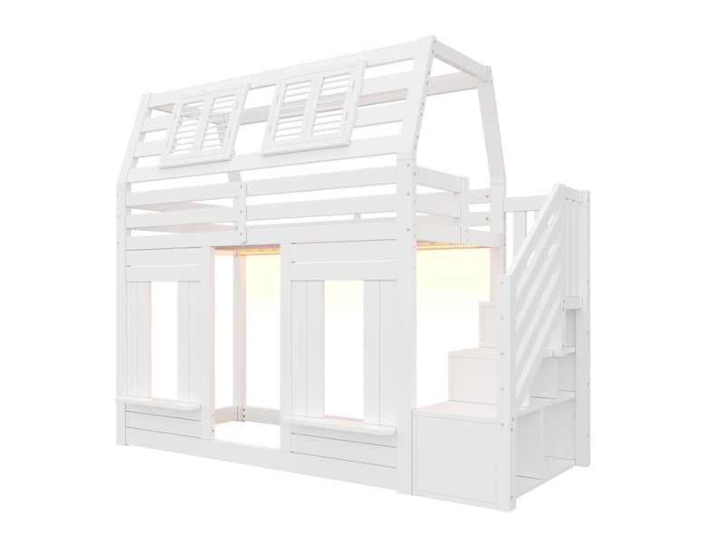 Lit superposé enfant 90x200cm, lit cabane mezzanine avec escalier de rangement, avec bande led connectée et fenêtre, blanc - Conforama A
