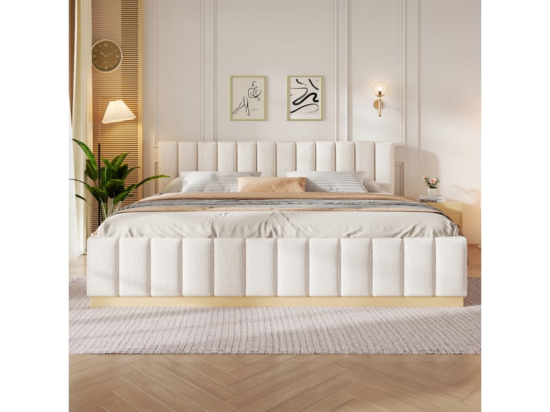  Lit plateforme 180x200 cm beige, tissu chenille, tête de lit rembourrée, sommier à lattes inclus, structure anti-glissement  - Conforama W