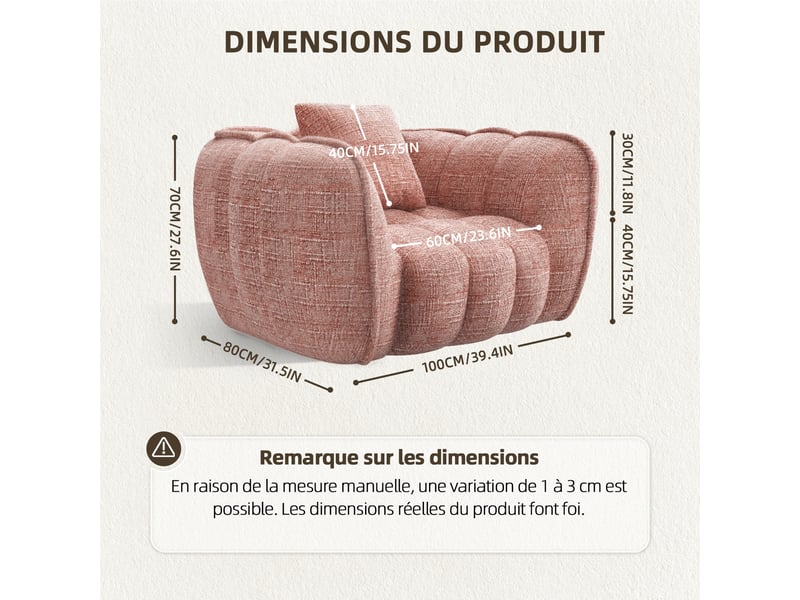  Lexzurn fauteuil fixe, pouf pour adulte,avec coussin,conception ergonomique,profondeur d'assise accrue 60 cm,adapté à de nombreux contextes,base antidérapante  - Conforama B