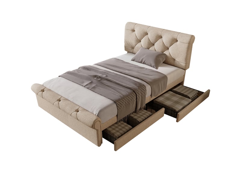 Lit une place 90 x 200 cm avec matelas, capitonné, 2 tiroirs, naturel  - Conforama A