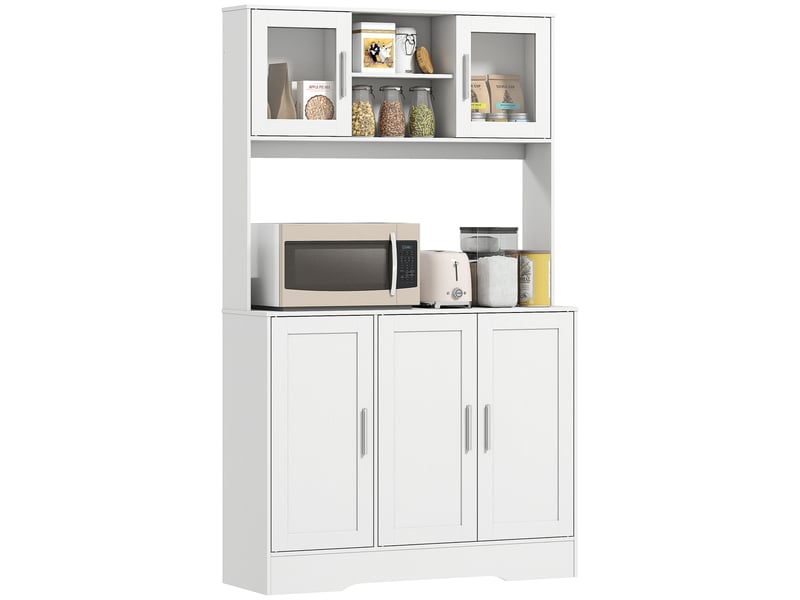  Meuble de cuisine scandinave avec placards, compartiments ouverts, portes vitrées et plan de travail, blanc  - Conforama A