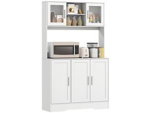 Meuble de cuisine scandinave avec placards, compartiments ouverts, portes vitrées et plan de travail, blanc