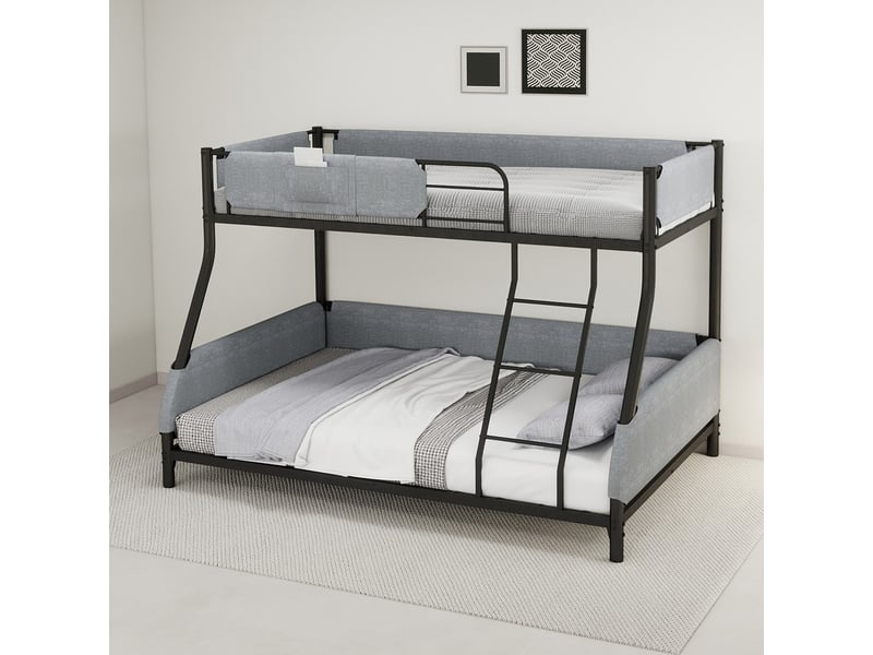  Lit superposé noir et gris - 140x190 cm, structure métallique robuste avec poche de rangement en lin amovible  - Conforama D
