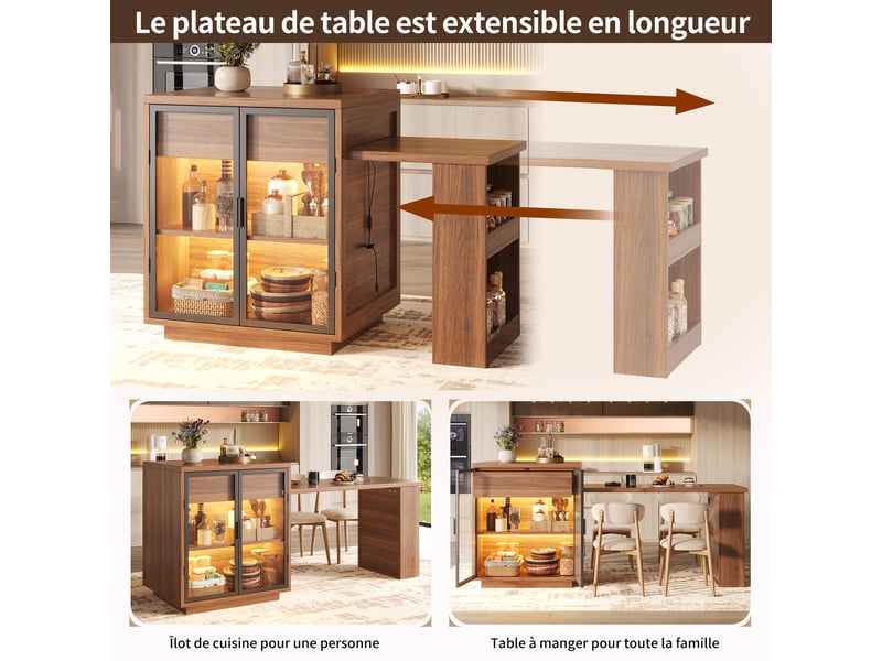 Meuble de cuisine muvano, îlot central avec table extensible, brun foncé, de 122 à 194,5 cm - Conforama R