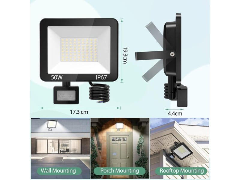 50w projecteur led extérieur détecteur mouvement ip66 5000lm 6500k pour jardin - rw - Conforama D