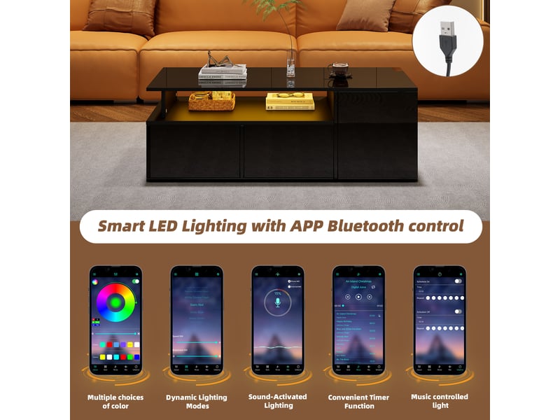  Table basse noire brillante avec led 100x50x35 cm, 2 tiroirs et rangements  - Conforama E