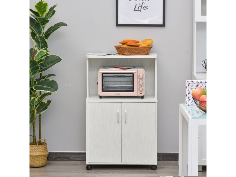  Chariot desserte micro-ondes placard 2 portes - blanc - dim. 60,4l x 40,3l x 97h cm  - Conforama A