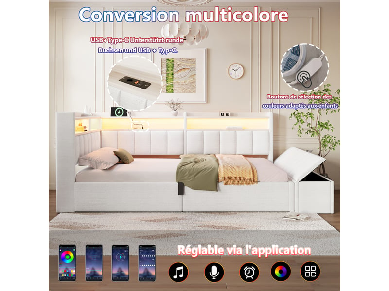  Canapé-lit coffre 140 x 200 cm - avec prise électrique - avec port usb + bande lumineuse led - beige (matelas non inclus)  - Conforama W