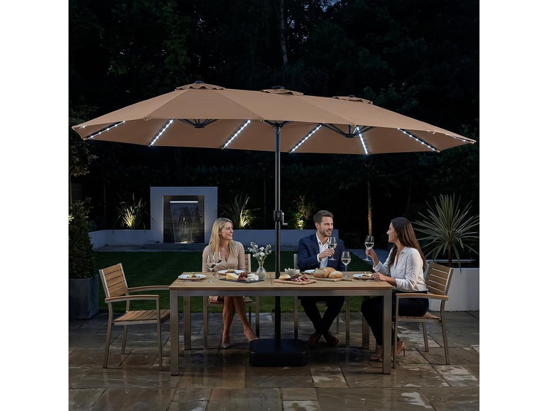 Parasol double à 12 baleines (marron, 4,36 x 2,58 m, avec pied et led) | parasol rectangulaire avec manivelle, 144 led solaires, 12 modes - Conforama C