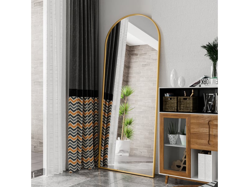  Miroir sur pied 180x80 cm,grand miroir pleine longueur,miroir mural arqué moderne ,cadre en aluminium,verre trempé hd,doré  - Conforama E