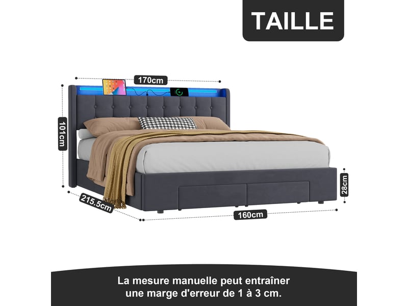  Lit rembourré ulevr 160x200 cm avec rangement, 2 tiroirs, port usb et éclairage led, velours gris foncé  - Conforama C