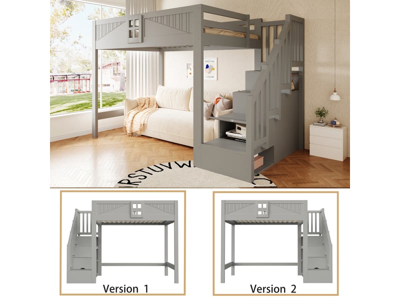 Lit mezzanine 140 × 200 cm 2 places avec escalier de rangement et barrières, sans matelas, en bois, gris - Conforama E