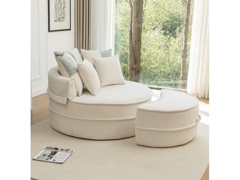  Fauteuil lounge rond 1 place beige en tissu avec 5 coussins et ottomane, confort mi-souple pour un salon moderne  - Conforama B