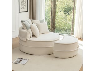 Fauteuil lounge rond 1 place beige en tissu avec 5 coussins et ottomane, confort mi-souple pour un salon moderne
