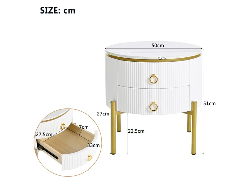  Table d’appoint 50x50x51 cm avec 2 tiroirs et pieds réglables mdf blanc et or  - Conforama C