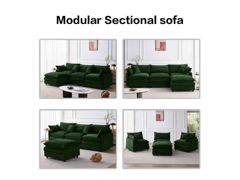  Canapé fixe, 3 places, d'angle, modulaire, en tissu chenille, vert 267x154x85cm - Conforama B