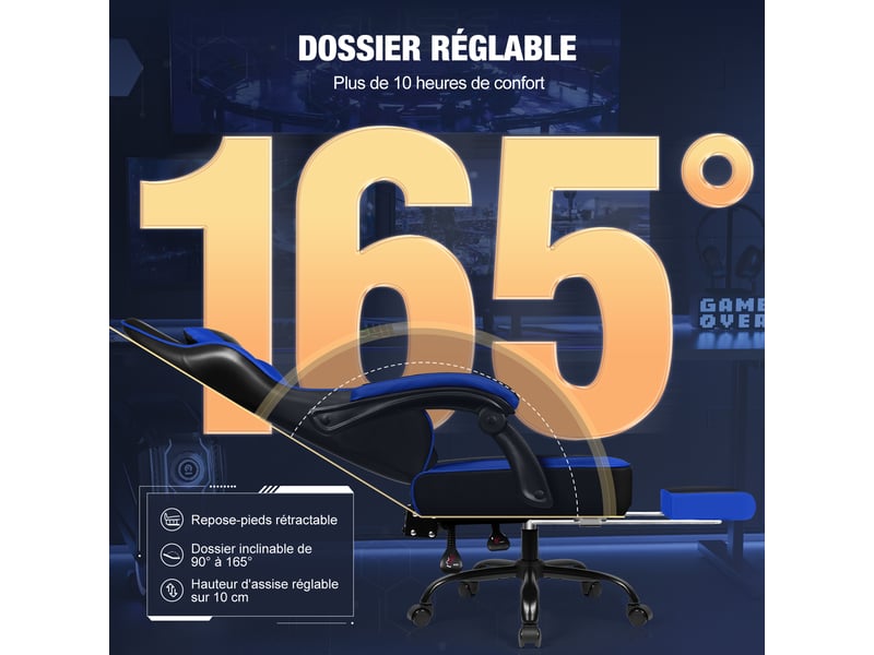  Chaise gaming, fauteuil de bureau ergonomique avec repose-pieds télescopique, chaise bureau avec appui-tête et soutien lombaire, fauteuil gaming ergonomique 150 kg, réglable en hauteur, bleu  - Conforama D