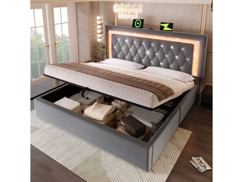  Lit coffre 160x200, coffre de rangement lit double, ouverture hydraulique assistée, revêtement velours, led multicolore, ports usb, matelas inclus  - Conforama D
