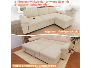 Canapé d'angle convertible en velours côtelé beige avec coffre