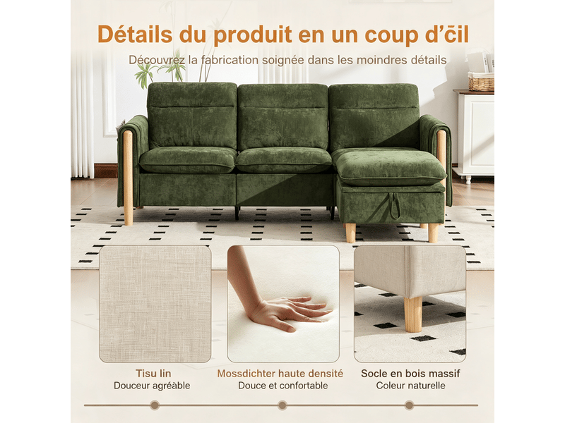  Canapé d'angle 3 places, avec pouf de rangement, 201x77x86cm, vert  - Conforama E