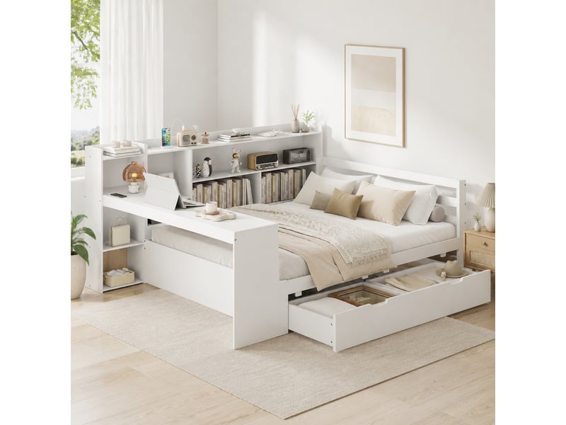 Lit double multifonction 140x200 cm avec bureau, rangements et prise usb, blanc - Conforama B
