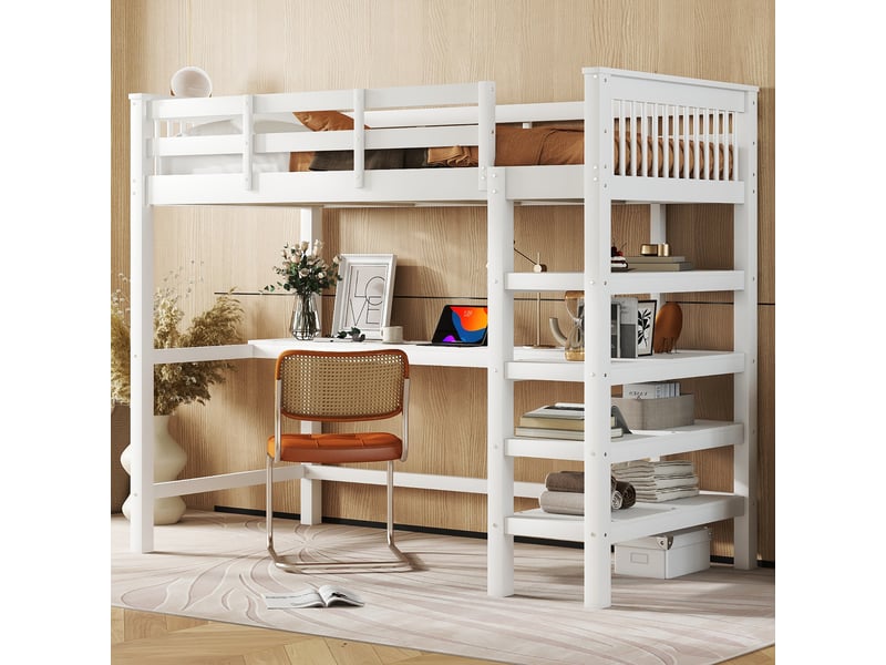  Lit mezzanine enfant 90 × 200 cm 1 place avec bureau et étagères, sans matelas, en pin et mdf, blanc  - Conforama C