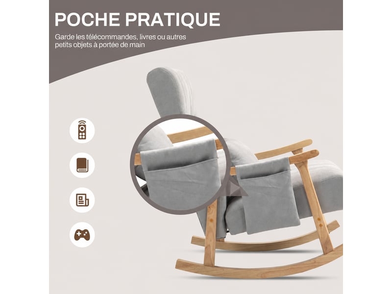  Fauteuil à bascule rembourré avec coussin lombaire et poches latérales, cadre en bois, effet lin, pour salon et chambre à coucher, gris  - Conforama D