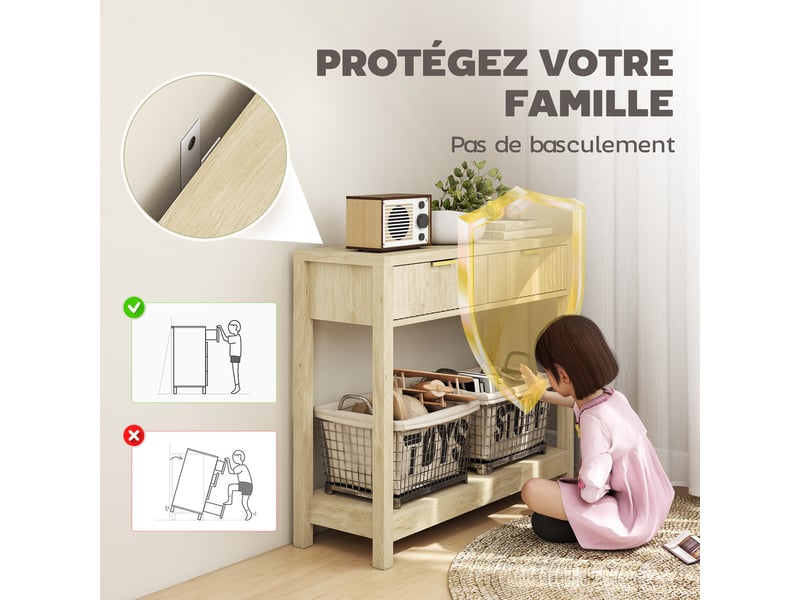  Console meuble 90 cm, table console étroite avec 2 tiroirs rainurés et étagère, bois naturel, style moderne  - Conforama R