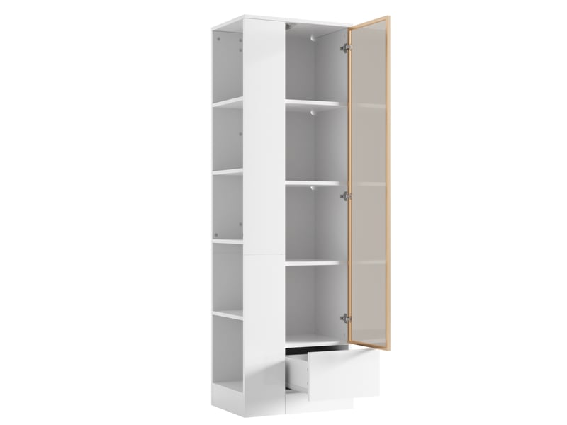  Vitrine avec porte vitrée, led dimmable, tiroir et niches ouvertes pour salon et salle à manger, blanc, 50 × 35 × 160 cm  - Conforama D