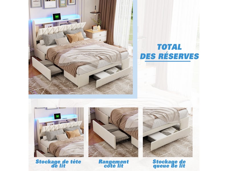 Lit adult 160 x 200 avec sommier led et usb, lit double capitonné avec 3 tiroirs, lit 2 places avec sommier à lattes, velours - Conforama E