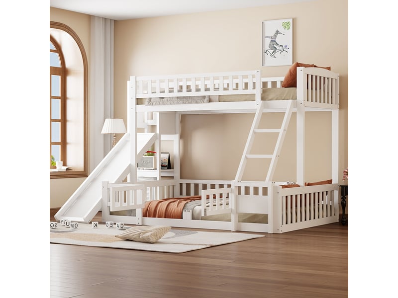  Lit superposé 140x200 cm avec toboggan, échelle et rangements intégrés, pin et mdf, blanc, certifié en 747  - Conforama W