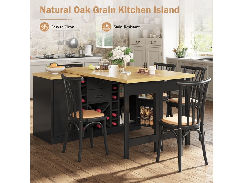  Îlot de cuisine rotatif 360° 120-223 x 40 x 73,8 cm – noir – rangements et porte-bouteilles amovible  - Conforama E