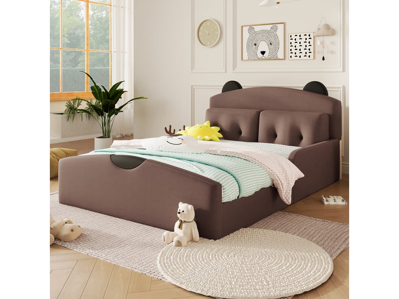  Lit enfant 2 places 140×200 cm avec tête de lit ours rembourrée - okmyhome- 2 coussins, lin café, sans matelas  - Conforama B