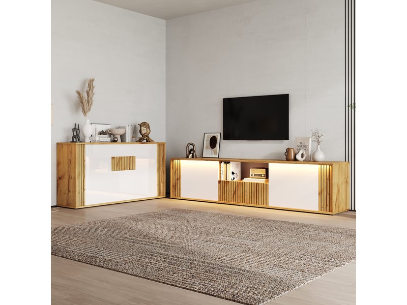  Ensemble 2 pièces bicolore blancnaturel, meuble tv 180×40×51 cm et buffet 140×35×71 cm, en mdf et aggloméré, avec led  - Conforama C