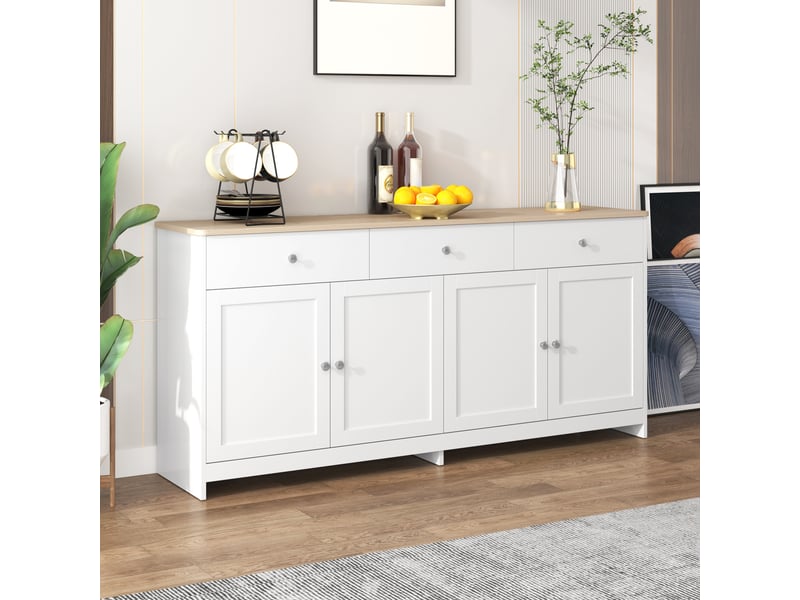  Buffet bahut 160x37x75 cm, meuble de rangement blanc et bois, 4 portes, 3 tiroirs, étagères réglables, salon - blanc bois  - Conforama B