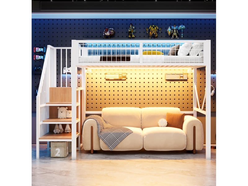  Lit mezzanine 90x200 cm en métal avec échelle de rangement et led, coloris blanc  - Conforama E