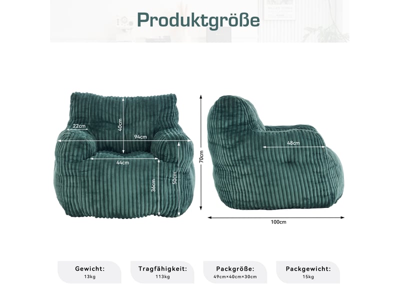  Fauteuil pouf velours côtelé vert 100 x 94 x 70 cm cravdom  - Conforama E