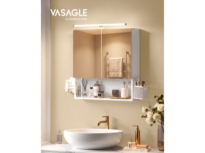  Meuble de salle de bain avec éclairage led, multiprise, panier suspendu, support pour sèche-cheveux, pour lavabo, blanc  - Conforama B