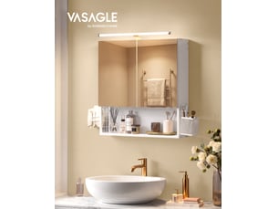 Meuble de salle de bain avec éclairage led, multiprise, panier suspendu, support pour sèche-cheveux, pour lavabo, blanc