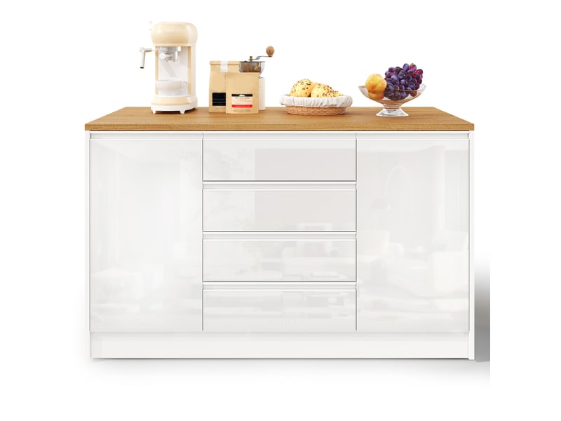  Îlot de cuisine avec plateau extensible, 4 tiroirs, 2 placards et étagères réglables, blanc, 140 × 80 × 90 cm  - Conforama A