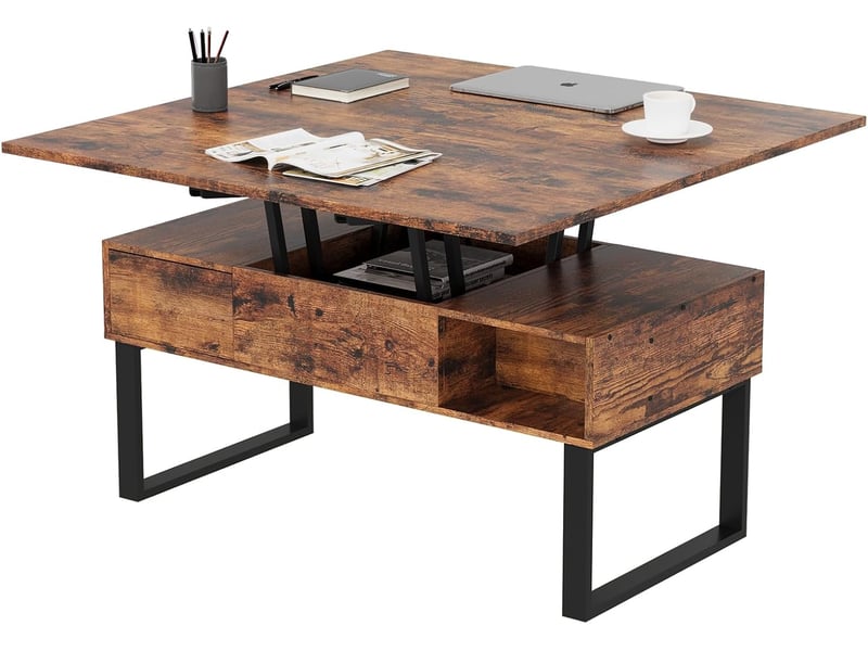  Table basse réglable en hauteur, table de salon multifonctionnelle 3 en 1 avec 2 tiroirs et rangement dissimulé (marron rétro)  - Conforama A