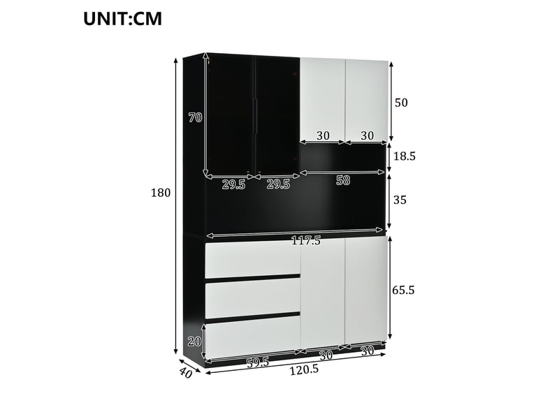  Buffet haut led 120,5 x 40 x 180 cm meuble de rangement cuisine avec 6 portes, 3 tiroirs et espace micro-ondes, blanc et noir Radiant Stride - Conforama C