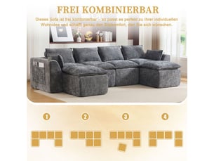 Canapé modulaire - 4 places avec 2 repose-pieds - coussins inclus - porte-gobelets intégrés - 2 poches latérales