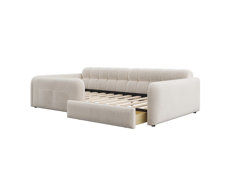  Lit enfant 90 x 200 cm avec tiroir, veilleuse et usbtype-c, lit simple rembourré en velours beige avec dossier façon canapé et hauts garde-corps  - Conforama E